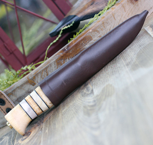 Helle Arv 14, 3.5" High Carbon Steel Drop Point Plain Blade, Ringed Birch and Bone Handle