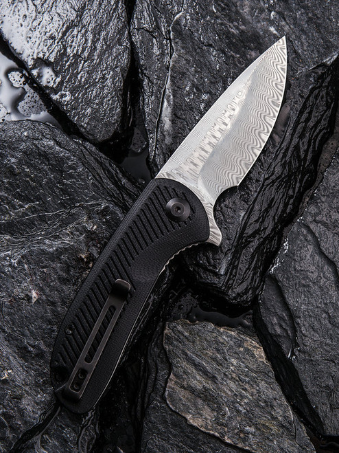 CIVIVI Durus Folding Knife (C906DS)- 3.00" Damascus Drop Point Blade, Black G-10 Handles