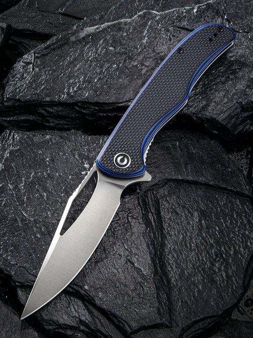 CIVIVI Shredder Folding Knife (C912A)- 3.70" Satin D2 Clip Point Blade, Black and Blue G-10 Handles