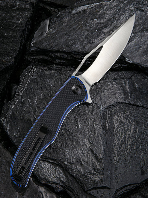 CIVIVI Shredder Folding Knife (C912A)- 3.70" Satin D2 Clip Point Blade, Black and Blue G-10 Handles