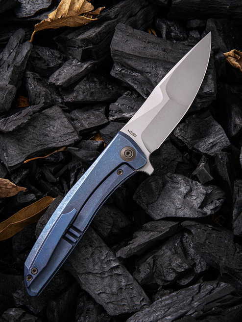 We Knife Scoppio Framelock Folder 923A, 3.63" CPM-20CV  Stonewash Drop Point Plain Blade, Blue Titanium Handle