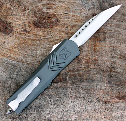 CobraTec Gray FS-X OTF Knife CTKMGRYFS-XMWNS, 3" D2 Steel Wharncliff Plain Blade, Gray Aluminum Handle