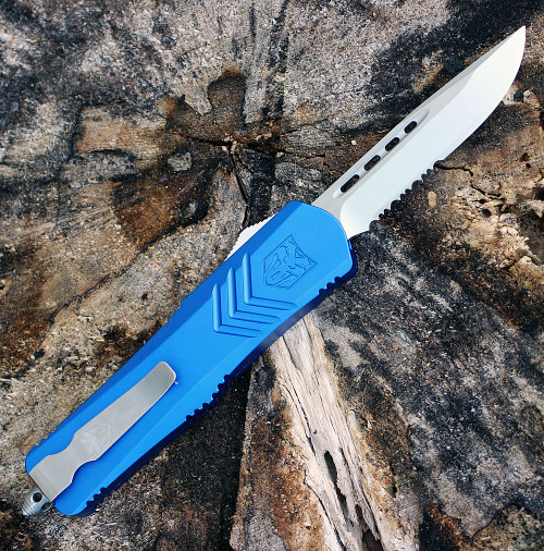 CobraTec Blue FS-X OTF Knife CTKMBLUFS-XMDS, 3" D2 Steel  Drop Point Serrated Blade, Blue Aluminum Handle