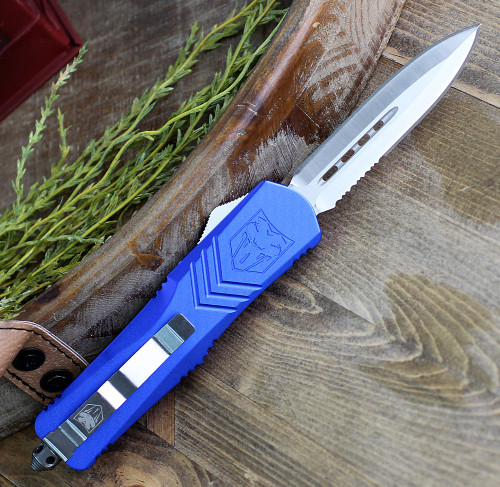 CobraTec Blue FS-X OTF Knife CTKLBLUFS-XLDAG1SS, 3.75" D2 Steel Dagger Serrated Blade, Blue Aluminum Handle