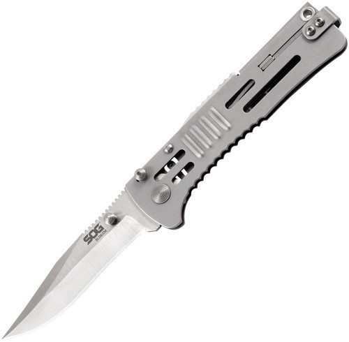 SOG SJ31 SlimJim, AUS-8 Satin Clip Point Plain Blade, Gray Stainless Steel Handle