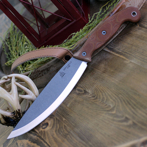TOPS Earth Skills Knife TPESK01, 8.25" 1095 RC 56-58 Tumble Finish Plain Blade, Tan Canvas Micarta Handle