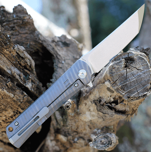 Bestech Kendo (BT1903F) 3.51" CPM-S35VN Two Toned Tanto Plain Blade, Stonewashed Tiger Stripe Patterned Titanium Handle