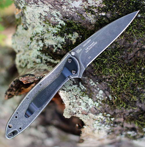 Kershaw Leek Assisted Opening Knife (1660CBBW)- 3.00" Blackwashed Composite Drop Point Blade, Blackwashed 410 Handle