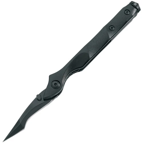 Boker Plus Urban Survival 01BO047 tactical pen-style knife profile view showing black tanto blade and aluminum handle.