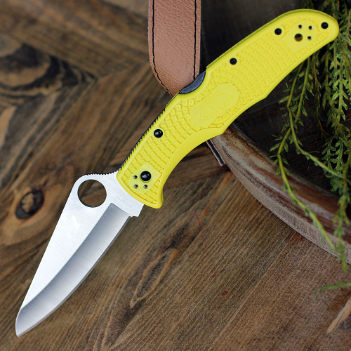 Spyderco Pacific Salt 2 C91PYL2, 3.78" H-1 Steel Satin Plain Blade, Yellow FRN Handle