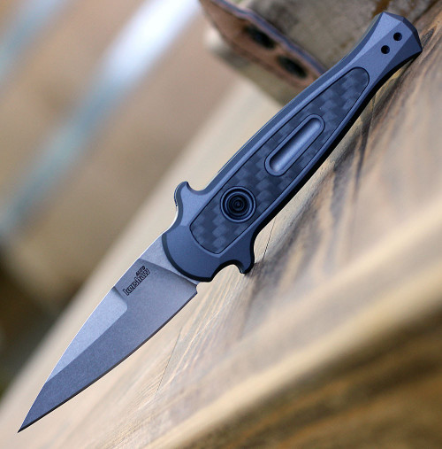 Kershaw Launch 12 7125GRY automatic knife profile view showing 2.4 inch stonewashed spear point blade.