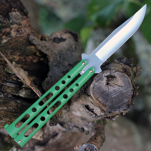 BenchMark Balisong 010, 4.0" Stainless Steel Clip Point Plain Blade, Green Handle