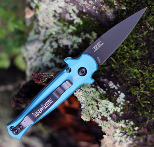 Kershaw Launch 12 Mini Stiletto Automatic Knife (7125TEALBLK)- 2.40" Black CPM-154 Spear Point Blade, Teal Aluminum w/ Carbon Fiber Inlay Handle
