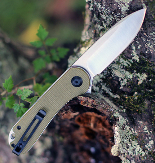 CIVIVI Elementum Folding Knife (C907S)- 2.96" Satin D2 Drop Point Blade, Olive Micarta Handles