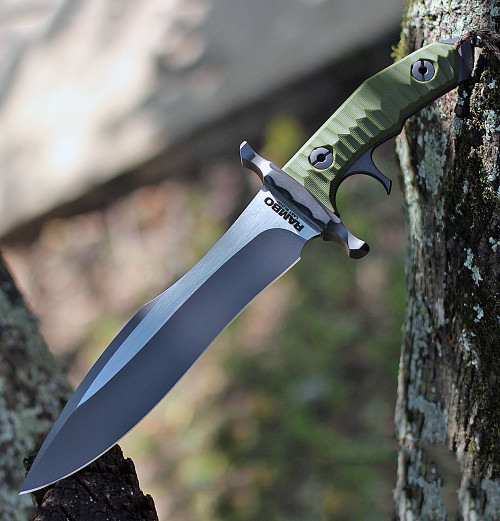 Rambo Last Blood Heartstopper Licensed Replica (RB9415) 9" 2-Tone Stainless Steel Plain Edge Bowie Blade, Green Synthetic Handle, Brown Buffalo Hide Leather Sheath