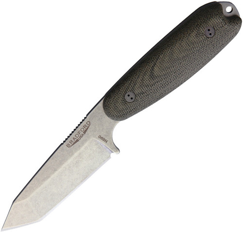 Bradford Guardian 3.5 Tanto Stonewashed N690 Blade, 3D OD Green Canvas Micarta Handle w/Brown Leather Sheath