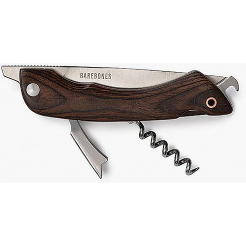BareBones Living Folding Picnic Knife (BARE363) 3.5" 50Cr15 Stainless Steel Satin Drop Point Blade, Walnut Wood Handle, Includes Bottle Opener | Corkscrew | Large Blade | Wine Key
