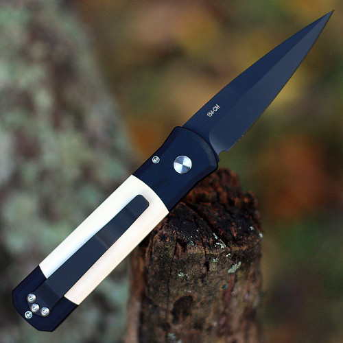 ProTech 752 Godson, 3.15" 154cm DLC Black Plain Blade, Black Aluminum Handle w/  Ivory Micarta Handle