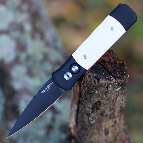 ProTech 752 Godson, 3.15" 154cm DLC Black Plain Blade, Black Aluminum Handle w/  Ivory Micarta Handle