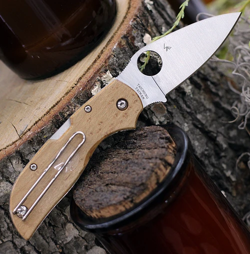 Spyderco Chaparral Wood in open position showing the Taiwan-made satin blade.