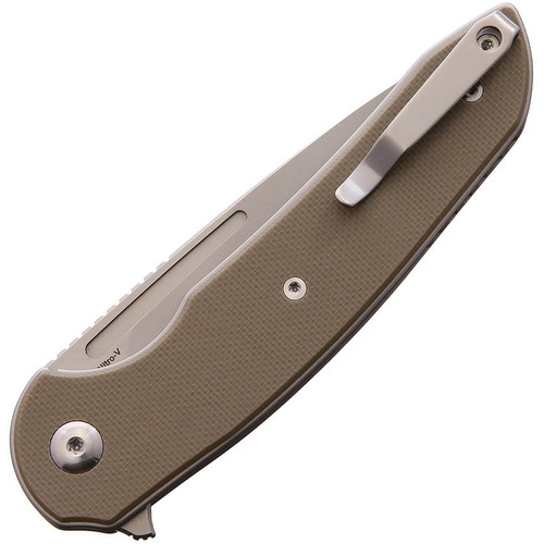 Ferrum Forge Knife Works Stinger Linerlock, 3.2" Nitro V Stonewashed Plain Blade, Tan SS/G10 Handle