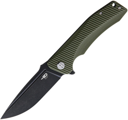 Bestech Mako BG27D Flipper Knife, 3.74" D2 Black Stonewashed Drop Point Blade, Milled OD Green G-10 Handle