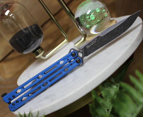 Kershaw Lucha Butterfly Knife (5150BLUBW)- 4.6" Blackwashed 14C28N Drop Point Blade, Blue Stainless Steel Handle