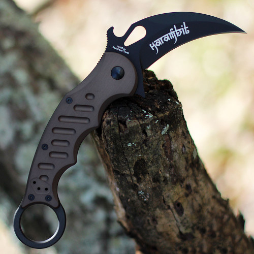 FOX Knives Folding Karambit 478BR, 3.2 in. N690Co Black blade, Dark Brown T6-6061 Aircraft Aluminum