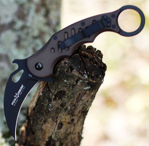 FOX Knives Folding Karambit 478BR, 3.2 in. N690Co Black blade, Dark Brown T6-6061 Aircraft Aluminum