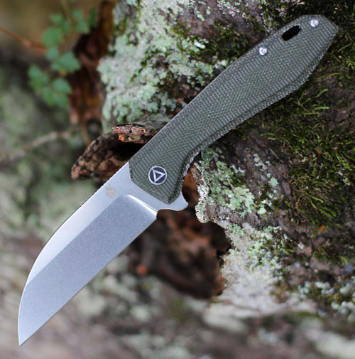 QSP Knife Pelican (QS118E1) 3.63" CPM-S35VN Stonewashed Wharncliffe Plain Blade, Green Linen Micarta Handle