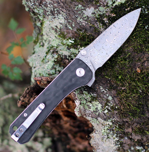 QSP Knife Hawk Linerlock QS131-A, 3.225" Damascus Plain Blade, Carbon Fiber Handle