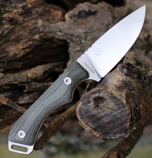 QSP Knife Workaholic (QS124D) 3.5" Bohler N690 Satin Drop Point Plain Blade, Green Linen Micarta Handle, Black Leather Sheath