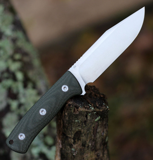 QSP Knife Bison (QS134C) 4.5" D2 Satin Clip Point Plain Blade, Green Linen Micarta Handle, Black Kydex Sheath
