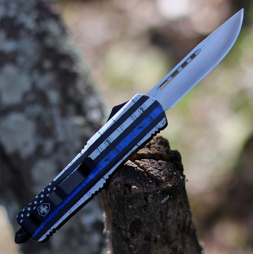 Templar Large Back the Blue OTF Automatic Knife (L-BTB-33-2)-3.50" Satin 440C Drop Point Blade, Back the Blue Aluminum Handle