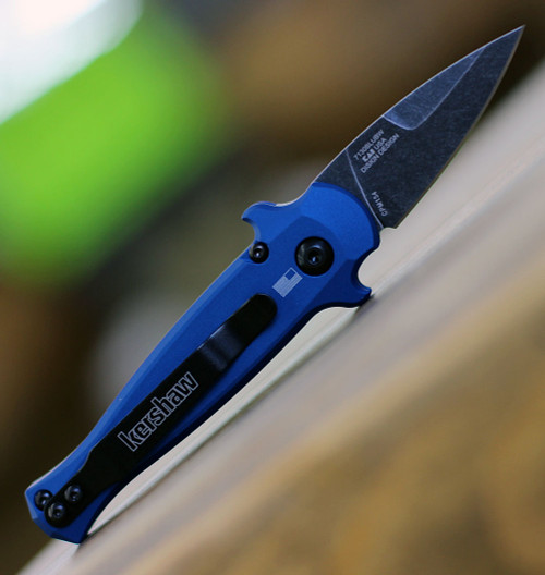 Kershaw 7130 Launch 12CA Mini Stiletto, 1.9 " CPM154 Black Stonewashed Plain Blade, Blue Aluminum w/ Carbon Fiber Insert Handle