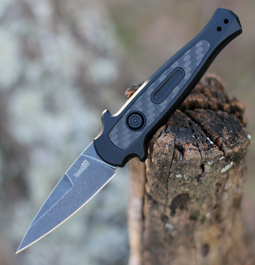Kershaw Launch 12 Mini Stiletto Automatic Knife (7125BLKBW)- 2.40" Blackwashed CPM-154 Spear Point Blade, Black Aluminum w/ Carbon Fiber Inlay Handle
