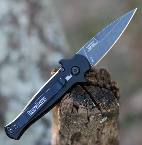 Kershaw Launch 12 Mini Stiletto Automatic Knife (7125BLKBW)- 2.40" Blackwashed CPM-154 Spear Point Blade, Black Aluminum w/ Carbon Fiber Inlay Handle