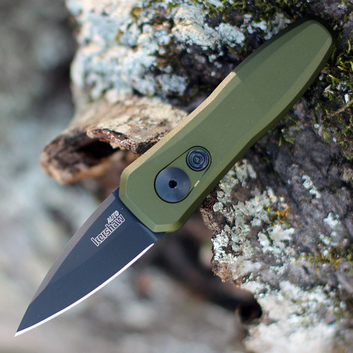 Kershaw Launch 4 7500OLBLK automatic knife profile view showing 1.9 inch black spear point blade and OD green handle.