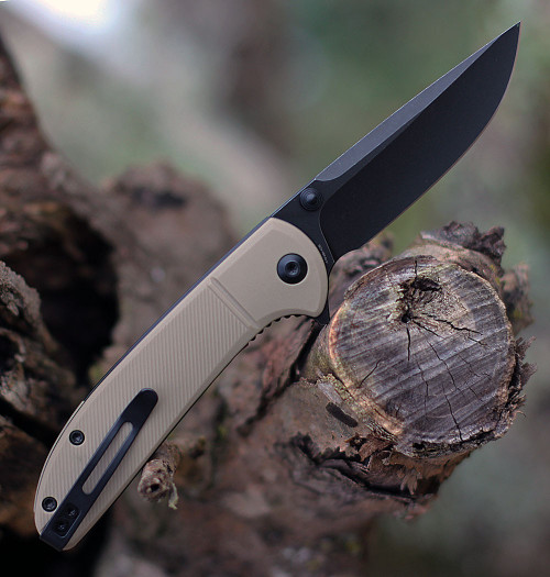 CIVIVI Badlands Vagabond Folding Knife (C2019A)- 3.25" Blackwashed 9Cr18MoV Drop Point Blade, Tan FRN Handles