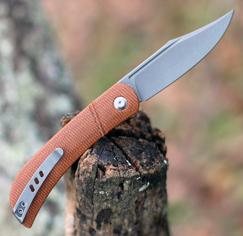 CIVIVI Appalachian Drifter Folding Knife (C2015A)- 2.96" Stonewash CPM-S35VN Clip Point Blade, Brown Micarta Handle