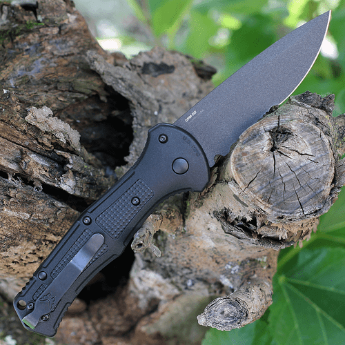 Benchmade Claymore 9070SBK, 3.64" Black D2 Steel Partially  Serrated Blade, Black  Grivory w/SS liner Handle,