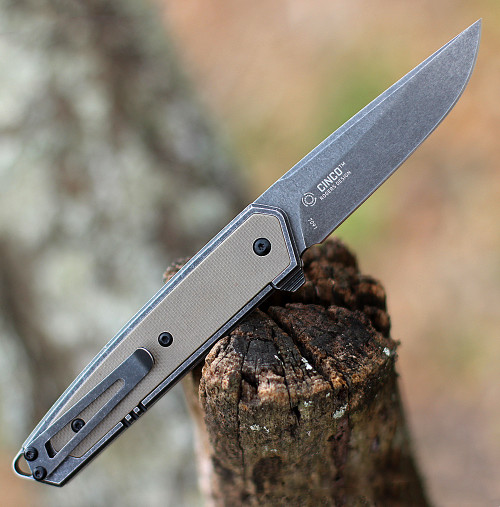 CRKT Cinco (CR7091) 2.89" D2 Blackwashed Drop Point Plain Blade, Blackwashed Stainless Steel Handle with Desert Tan G-10 Inlay
