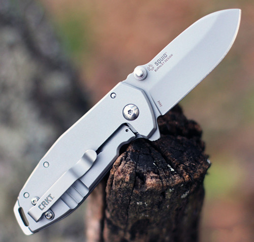 Lucas Burnley designed CRKT Squid showing stainless steel handle and frame lock.