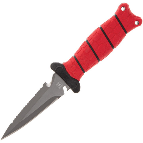 Bubba Blade Pointed Scout Dive Knife, 1107806, 3.5" Gray Double Edge Combo Blade, Red TPR Handle, Polymer Sheath