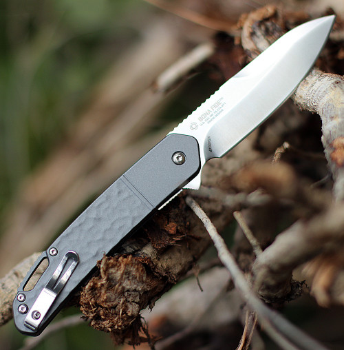 CRKT Bona Fide 540GXP, 3.59" Satin Finish D2 Steel Plain Blade, Gray Scultped Aluminum Handles.