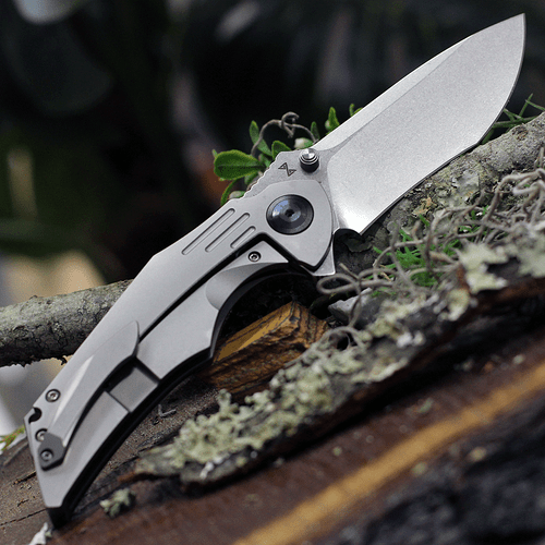 Kansept Knives Delta (K1011A1) 3.54" CPM-S35VN Stonewashed Drop Point Plain Blade, Gray Titanium Handle with Blue Carbon Fiber Inlay