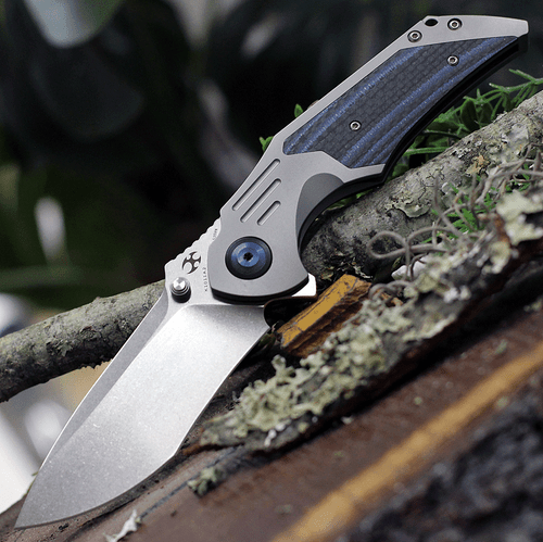 Kansept Knives Delta (K1011A1) 3.54" CPM-S35VN Stonewashed Drop Point Plain Blade, Gray Titanium Handle with Blue Carbon Fiber Inlay