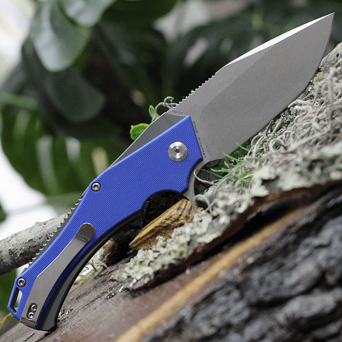 Kansept Knives (KT1008A3) 3.6" D2 Stonewashed Drop Point Plain Blade, Gray Anodized Stainless Steel Handle with Blue G-10 Onlay