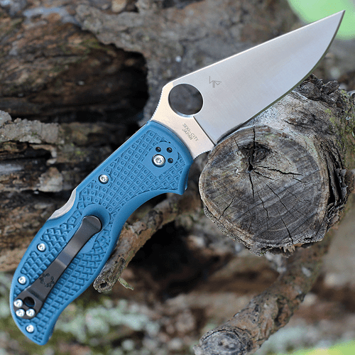 3.43 inch Bohler K390 tool steel blade on a Blue Spyderco Stretch 2.