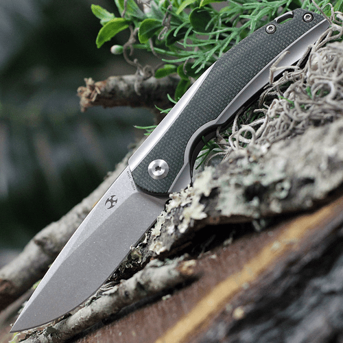 Kansept Knives Mini Accipiter (K2007A1) 2.9" CPM-S35VN Stonewashed Drop Point Plain Blade, Titanium Handle with OD Green Canvas Micarta Inlay
